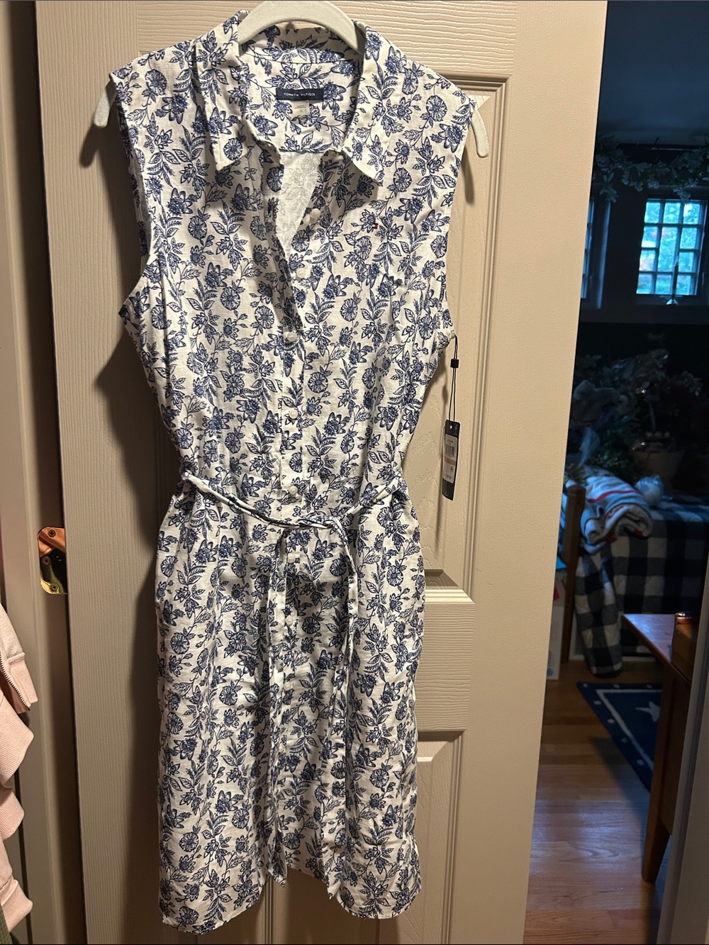 Tommy Hilfiger White Sleeveless Floral Shirt Dress with Blue Print